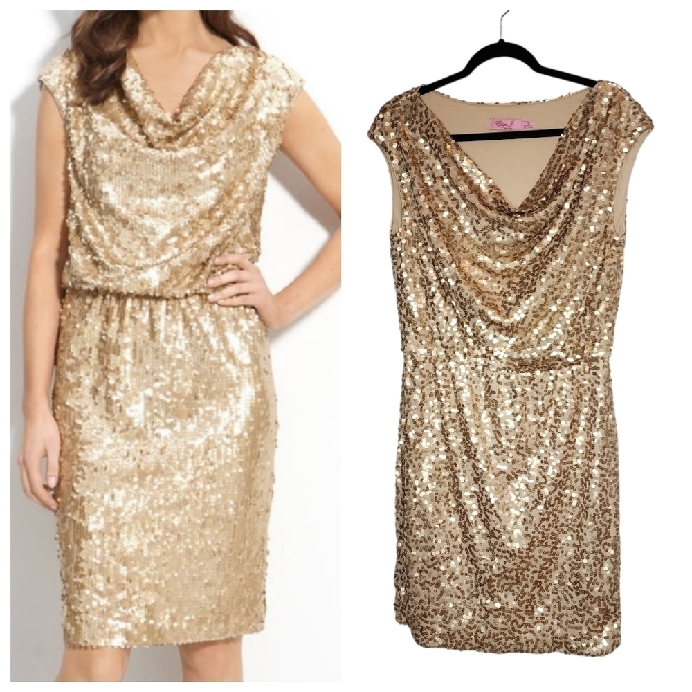 Eliza J Gold Sequin Dress Stretch Waist Cap Sleeve Drape Cowl Neck Size 12